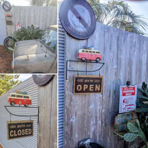 可愛らしい 壁掛け看板 ワーゲンバス オープン&クローズド サイン