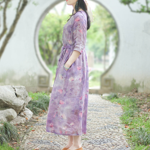紫陽花 紫陽花ハンドメイド2023 リネンワンピース 半袖 ロング丈