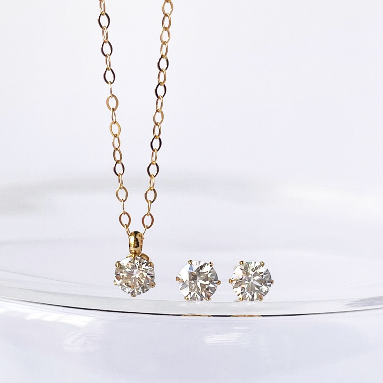 【選べるサイズ＆金具&カラー】モアサナイトネックレス＆ピアスセット 一粒ネックレス　一粒ピアス