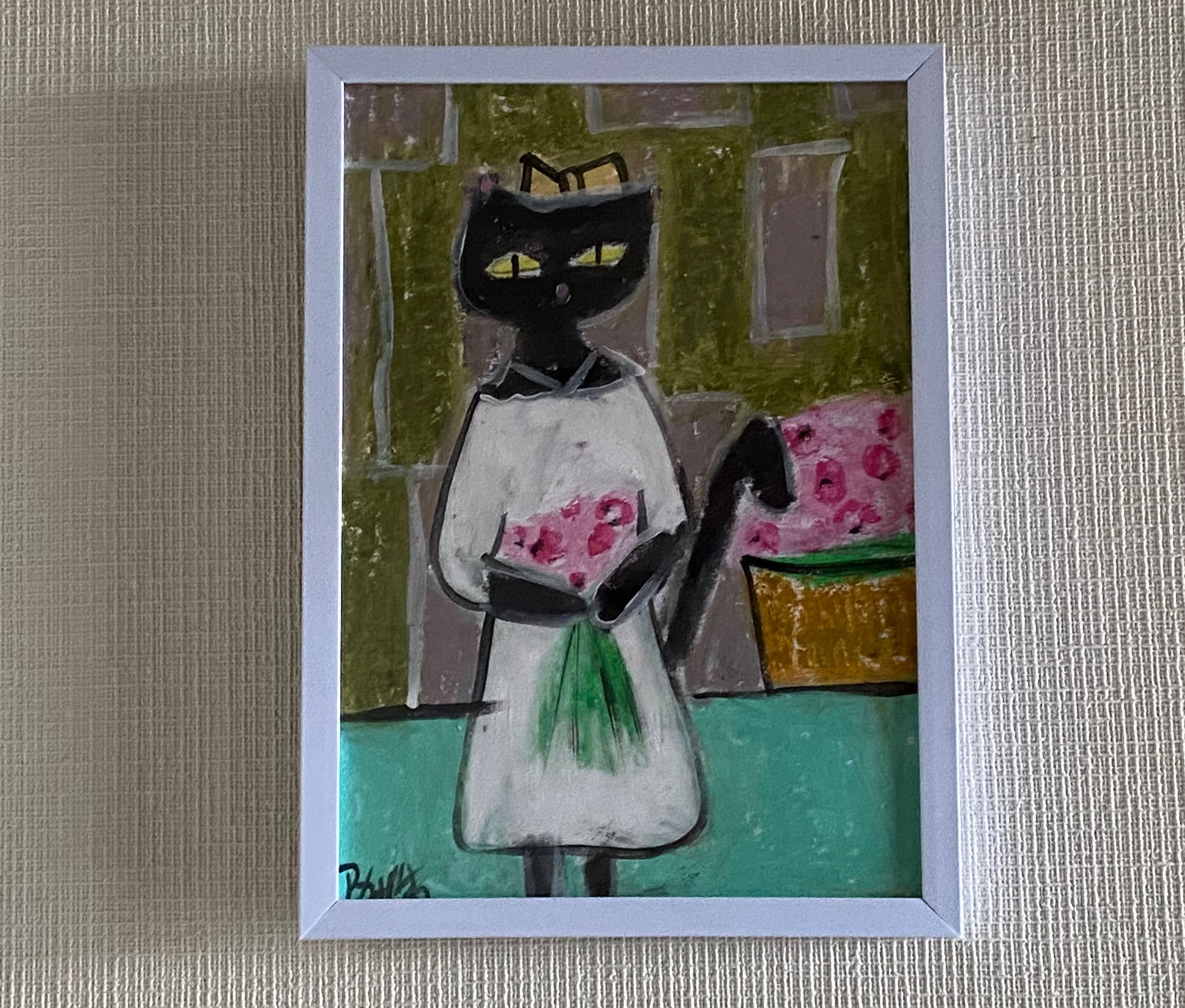 絵画 。原画【部屋の中で花を摘んだきれいなスカートを着た黒猫ちゃん】