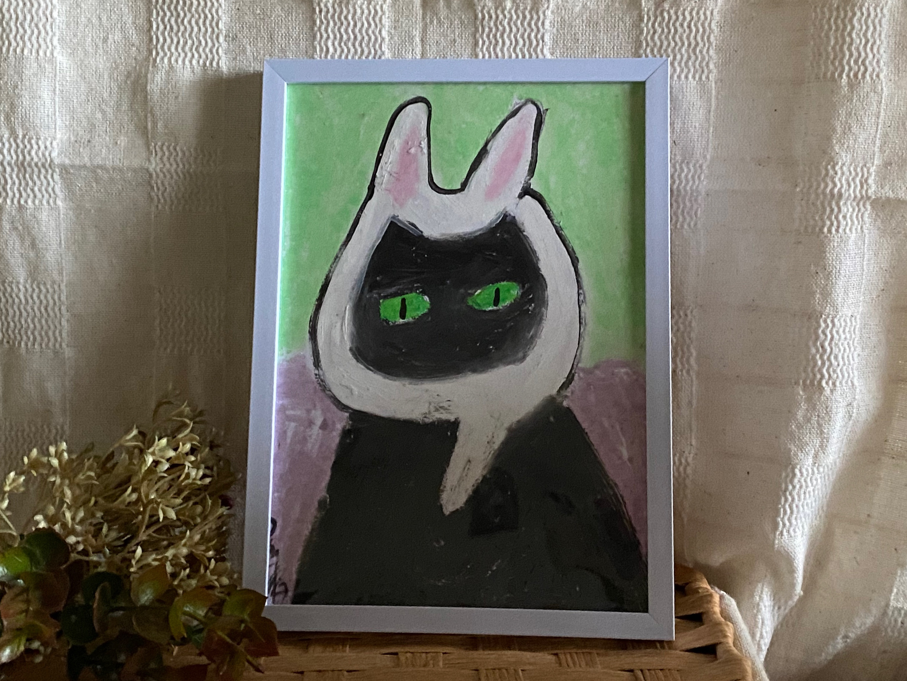 全国販売店 絵画。壁掛け原画【ピンクのピアノ童話とかわいい黒猫