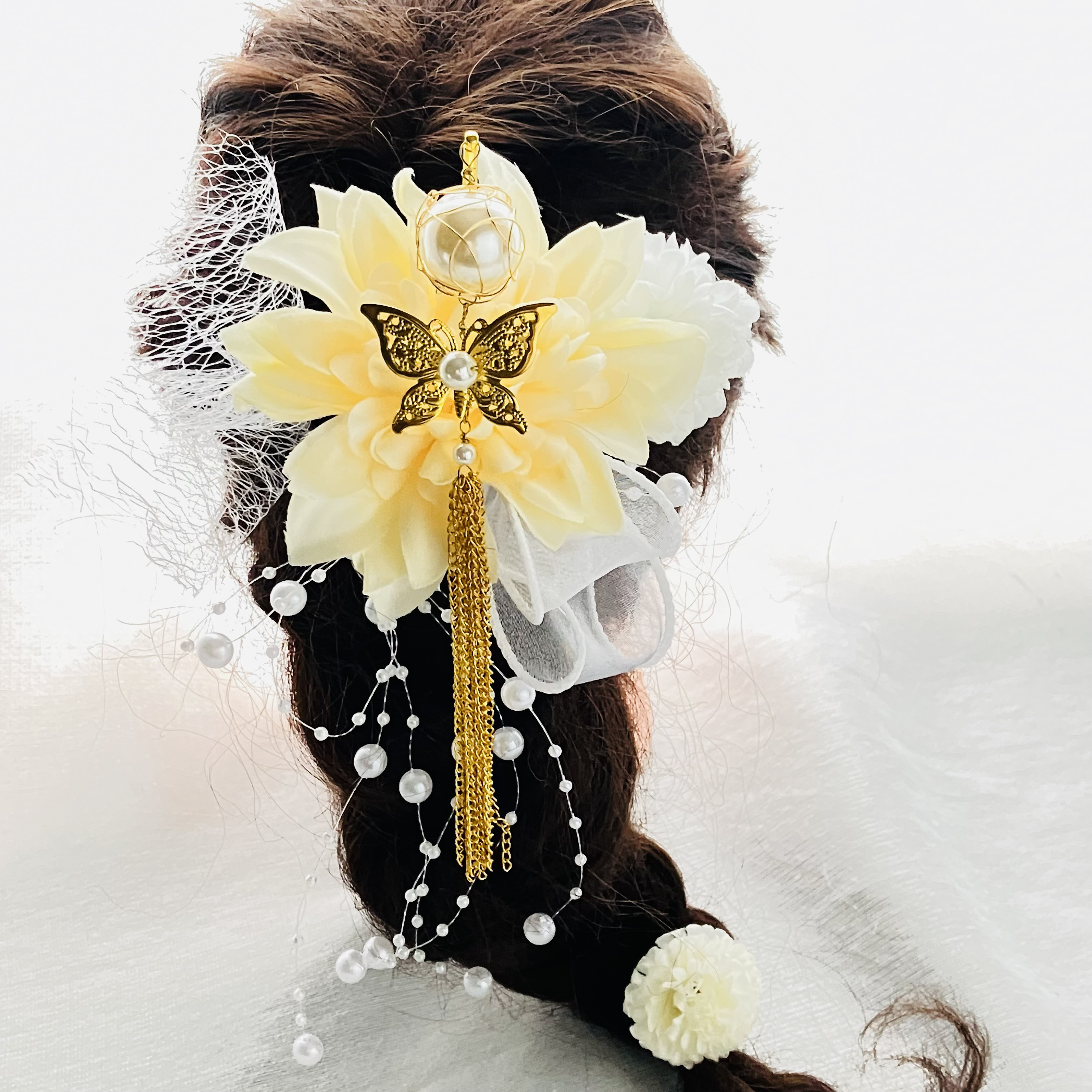 揺れるパール簪【卒業式髪飾り】【結婚式髪飾り】【成人式髪飾り】【ウェディング】簪　水引　金箔　振袖　袴　チュール　成人式