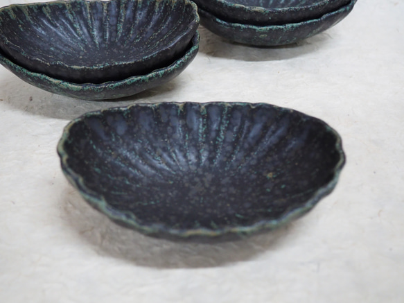 青銅釉菊花楕円皿』菓子器盛鉢サラダボウル和食器クラフト お椀
