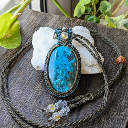 マクラメ編みネックレス クリソコラ マカライト ☆クリソコラ☆マクラメ編みネックレス・マクラメネックレス