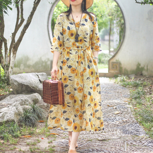 麻100% ひまわり ワンピースレディース 40代 50代 60代 きれいめ膝丈
