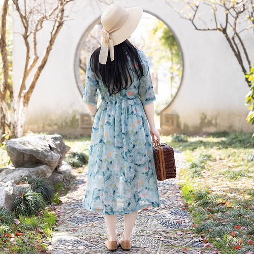 大人の春ワンピ リバティプリント 40代 50代 60代 ワンピース七分袖