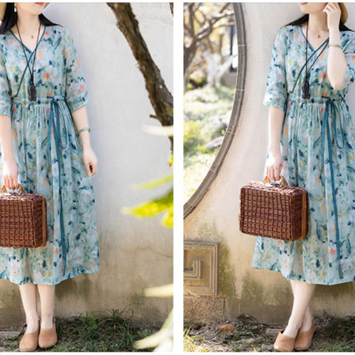 大人の春ワンピ リバティプリント 40代 50代 60代 ワンピース七分袖