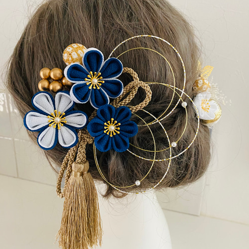 つまみ細工 ヘア飾り【青小花セット】卒業式 卒業式髪飾り 袴 水 つまみ細工 ヘア飾り【青小花セット】卒業式 卒業式髪飾り 袴 水