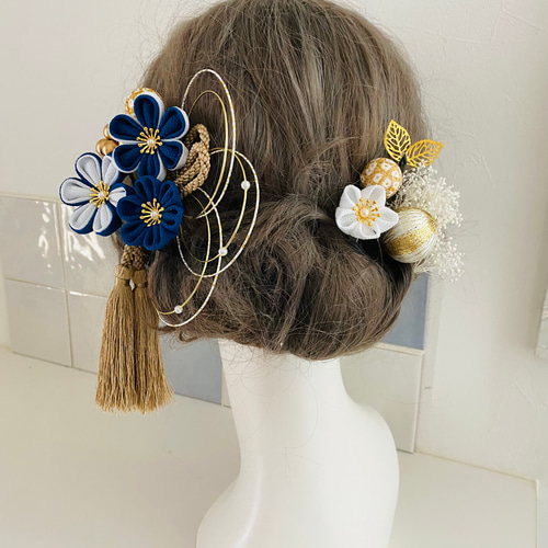 つまみ細工 ヘア飾り【青小花セット】卒業式 卒業式髪飾り 袴 水 つまみ細工 ヘア飾り【青小花セット】卒業式 卒業式髪飾り 袴 水