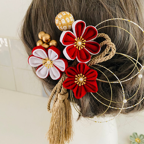 つまみ細工 髪飾り【深紅小花セット】卒業式 卒業式髪飾り 袴 水引き
