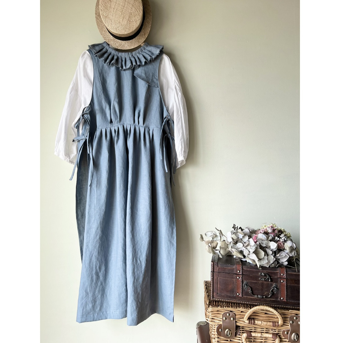 【受注制作】ギャザー衿胸元フラップエプロン（ミズイロカラー）