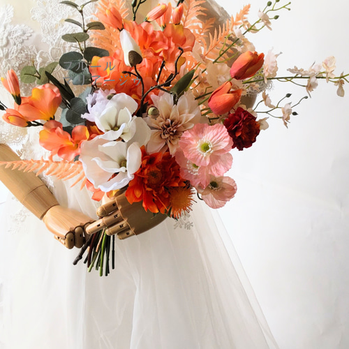 再販 受注生産 ブートニア付き オレンジのお花がいっぱいの明るい  