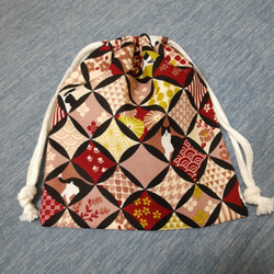ミニ巾着袋(裏布付き)　２個セット　和風花柄とねこ柄 5枚目の画像