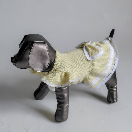 003犬服＊手編み フリル袖が可愛いニットワンピース 黄色 ペット服