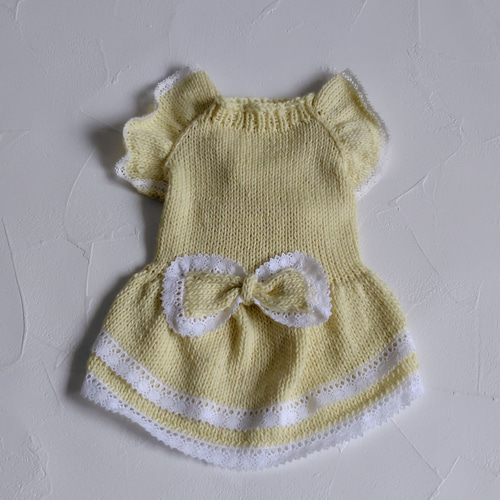 003犬服＊手編み フリル袖が可愛いニットワンピース 黄色 ペット服