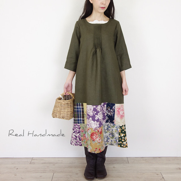 歐洲 KAKI 亞麻細褶拼布連衣裙 第1張的照片