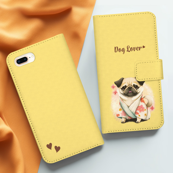 【 晴れ着姿の パグ 】 手帳 スマホケース　犬　うちの子　プレゼント　ペット　Android対応 3枚目の画像