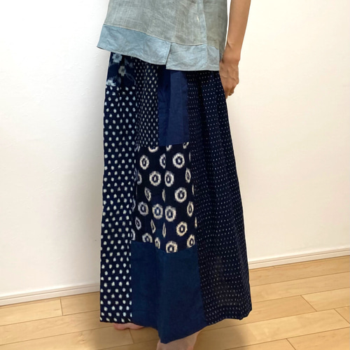 まほろば　藍古布　リメイク　パッチワーク　フレァー　ロングスカート　チェック まほろば 藍古布 リメイク パッチワーク フレァー ロング