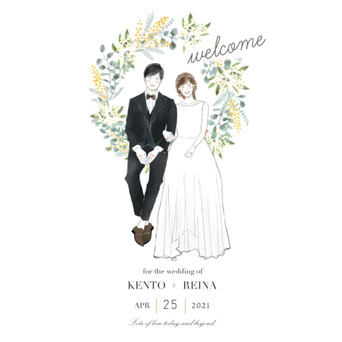 似顔絵ウェルカムボード 水彩 ミモザ イラスト 結婚式 データ