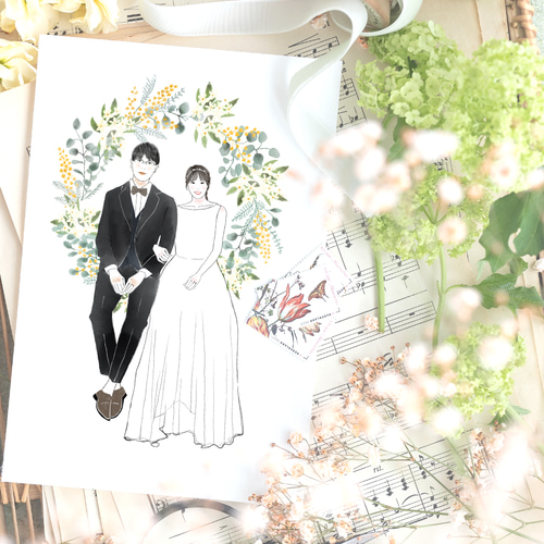 似顔絵ウェルカムボード 水彩 ミモザ イラスト 結婚式 データ