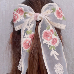 シースルー花柄刺繍のビッグヘアリボン ヘアゴム ヘアピン バレッタ 入園式 入学式 子供 キッズ 1枚目の画像