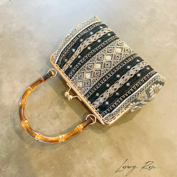 ❤️着物お出かけバンブーbag 気品溢れる大人black linen 豪華刺繍 特別仕様！！オートクチュールレース&高級インド刺繍レース❤︎高級感