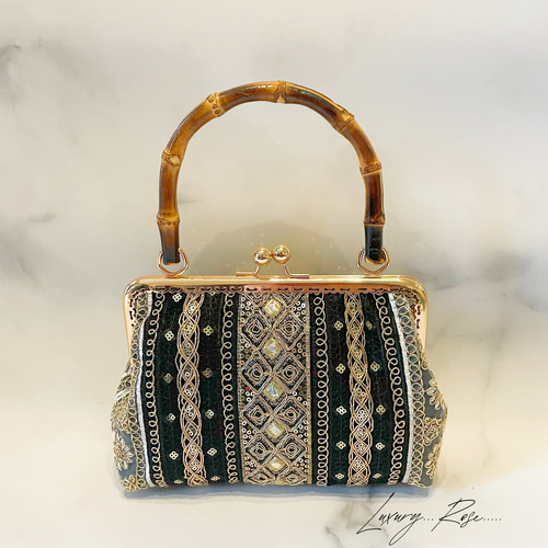 ❤️着物お出かけバンブーbag 気品溢れる大人black linen 豪華刺繍 選べる！抜群の高級感お洒落なバンブー竹ハンドルBLACKトーン異国情緒