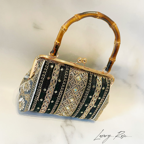 ❤️着物お出かけバンブーbag 気品溢れる大人black linen 豪華刺繍 選べる！抜群の高級感お洒落なバンブー竹ハンドルBLACKトーン異国情緒