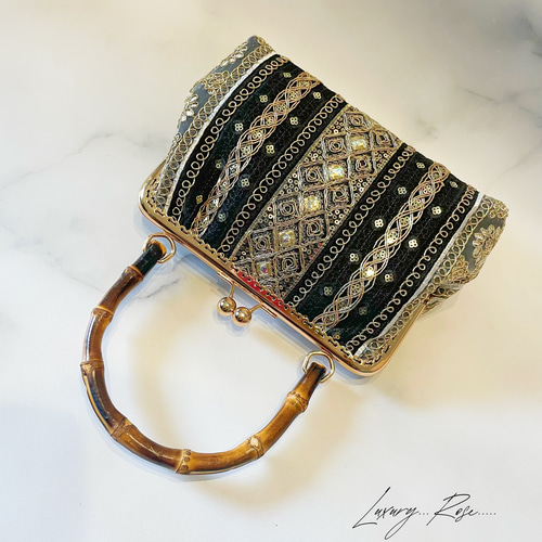 ❤️着物お出かけバンブーbag 気品溢れる大人black linen 豪華刺繍 選べる！抜群の高級感お洒落なバンブー竹ハンドルBLACKトーン異国情緒