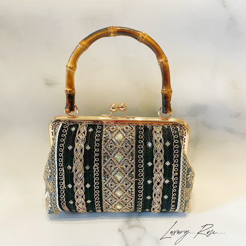 ❤️着物お出かけバンブーbag 気品溢れる大人black linen 豪華刺繍 選べる！抜群の高級感お洒落なバンブー竹ハンドルBLACKトーン異国情緒