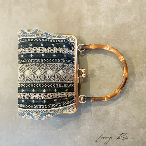 ❤️着物お出かけバンブーbag 気品溢れる大人black linen 豪華刺繍 選べる！抜群の高級感お洒落なバンブー竹ハンドルBLACKトーン異国情緒