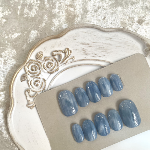 ブルー ネイビー くすみカラー シルバー ニュアンスネイル シンプル  