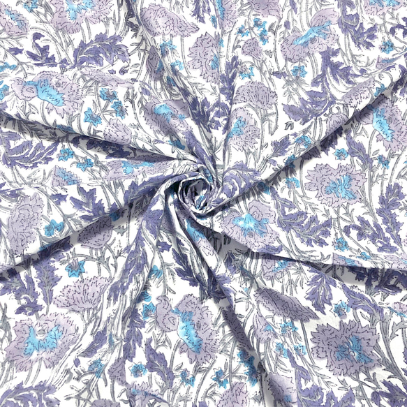 [50cm單位]白色紫色灰色花朵印度手工塊印花織物紡織品 第1張的照片