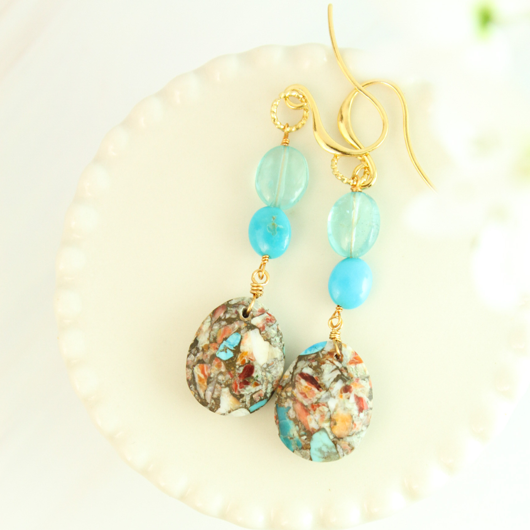【高品質】オイスターコッパー　ターコイズ　アパタイト　耳飾り