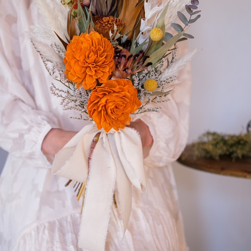 オレンジダリアのドライフラワーブーケ＊ウェディングブーケ