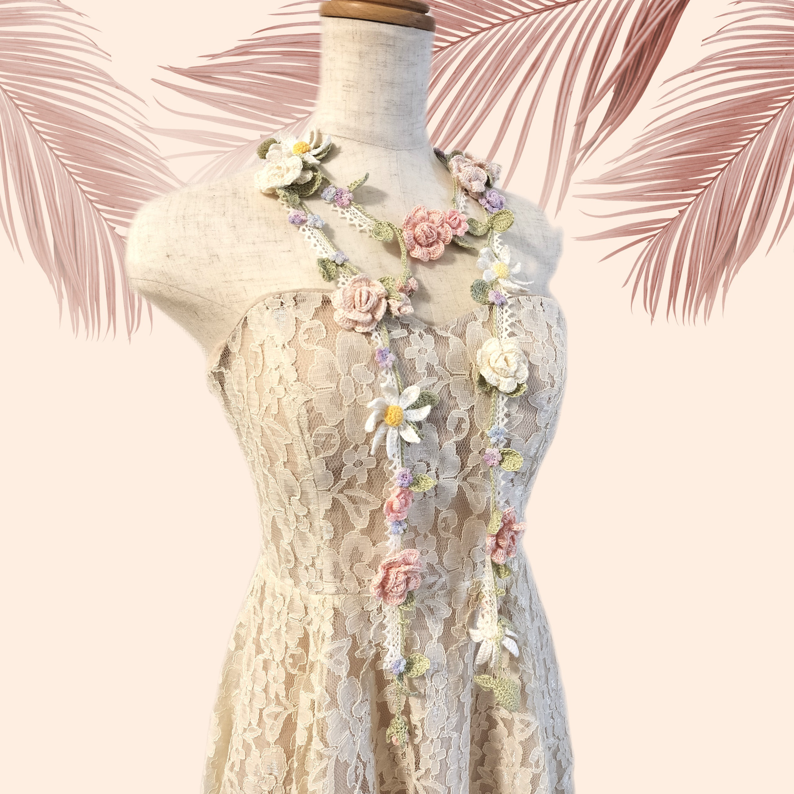 レース編み＊花摘みラリエット～桜ピンク　（Bright　Color）