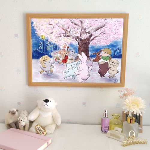 A3ポスター【もっちゃり君のいる世界 夜桜の下で】 イラスト 萩尾ます