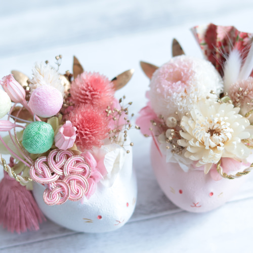 白桃うさぎさんの“和の花祭り”アレンジポット2点セット＊プリザーブド