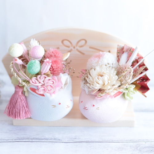 白桃うさぎさんの“和の花祭り”アレンジポット2点セット＊プリザーブド