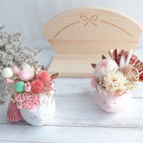 羊毛フェルト ママうさぎドライフラワーポット