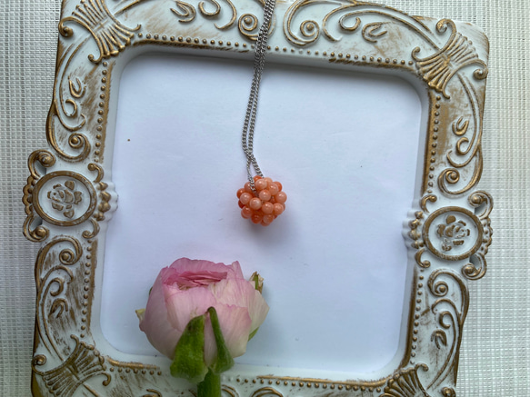 宝石珊瑚　ペンダント　【鞠】ピンク色コーラルボールデザイン　シルバーカラー　真鍮製チェーン付き 9枚目の画像