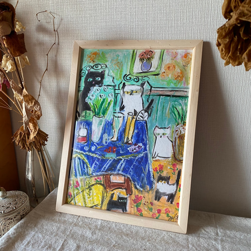 絵画。原画手描き【かわいい猫ちゃんたちの花、ワイン