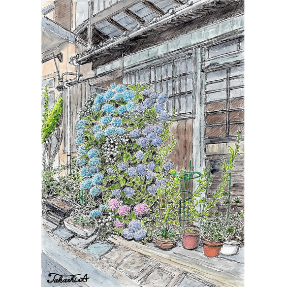 透明水彩画 原画 「紫陽花の咲く公園」額縁付 F4サイズ 風景画