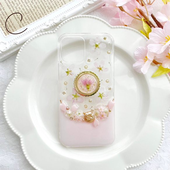 iPhoneケース　スマホケース　Android Sakura Jewelry 桜　押し花　A 4枚目の画像