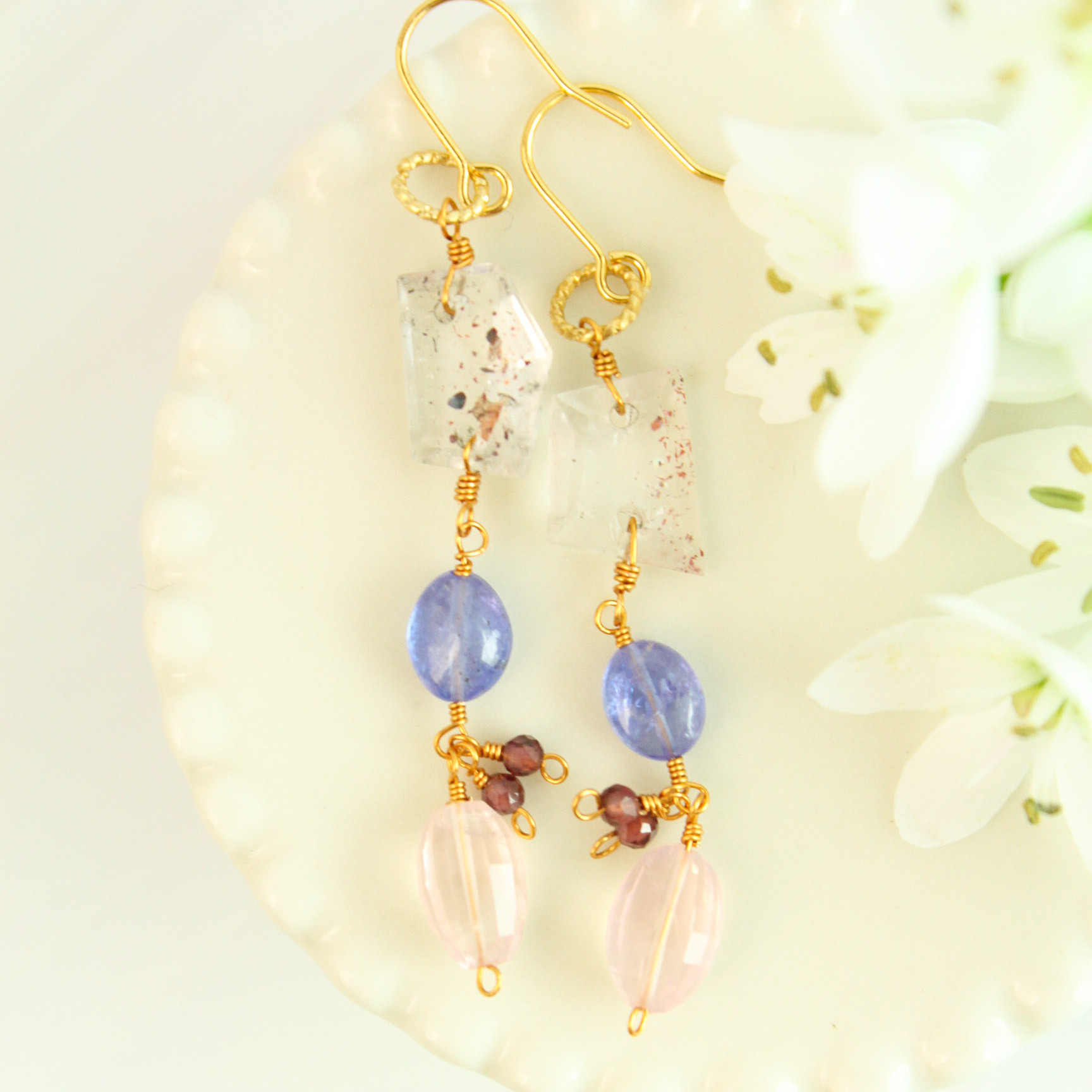 ローズクォーツ　タンザナイト　スーパーセブン　耳飾り