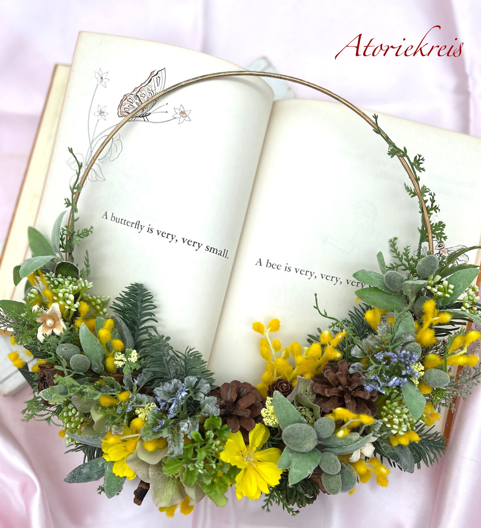 ミモザのリース/ギフトフラワー 贈り物 インテリア雑貨 アイアンリース 黄色 金色 幸せアップイメージインテリア