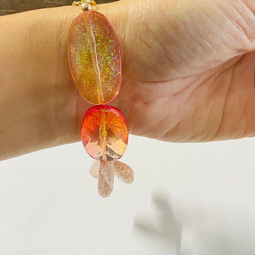 天然石ピンククラック水晶×vintageオーバルラメオーロラ×vintage