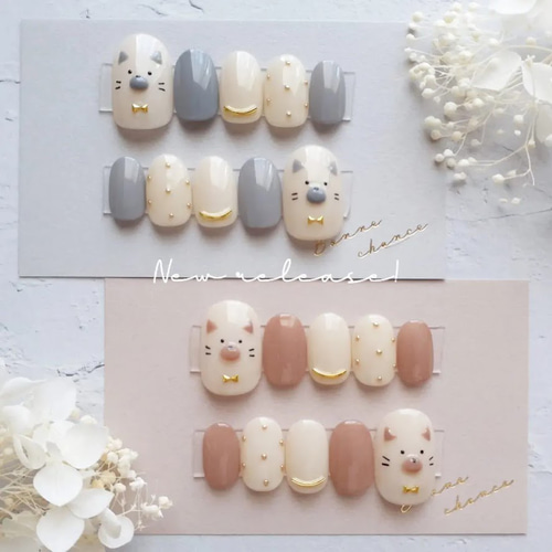 サイズオーダー】アッシュグレーの上品猫ネイルチップ ネイルチップ