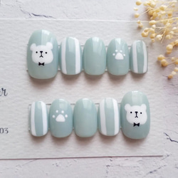 サイズオーダー】しろくま×水色ストライプのさわやかネイルチップ
