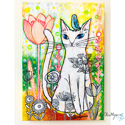 原画 北欧アート『猫と青い鳥』 おしゃれ モダンアート 現代 原画 北欧アート『猫と青い鳥』 おしゃれ モダンアート 現代